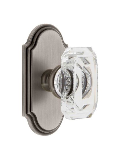Grandeur Arc Rosette Door Set with Clear Crystal-Glass Baguette Knobs in Antique Pewter.